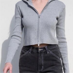 Brandy Melville Arden Double Zip Cropped Ribbed Hoodie